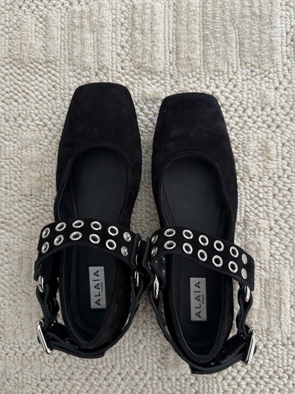 Alaïa Black Suede Square-Toe Grommet Strap Flats
